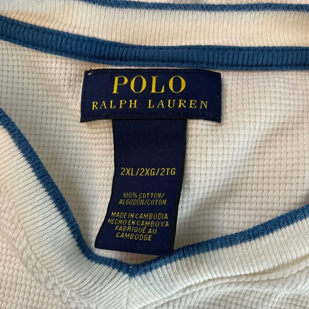 Polo Ralph Lauren Mens 2XL Cream Waffle Knit Thermal V-Neck Shirt Pima Cotton